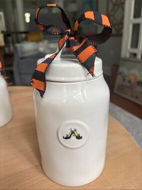 Rae Dunn RARE Halloween Witches Shoes Ceramic White Canister HTF